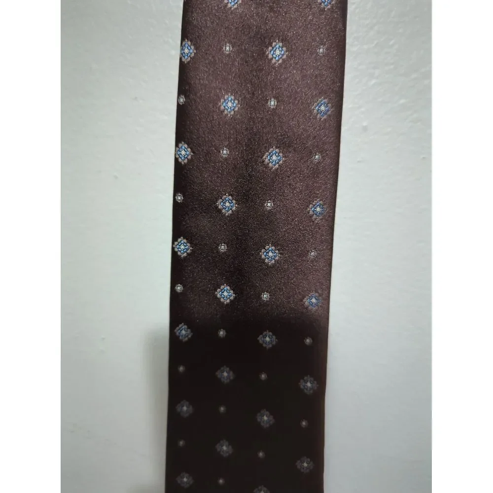 The Mens Store Brown Geometric Medallion Silk‎ Necktie Blue Silver Diamond